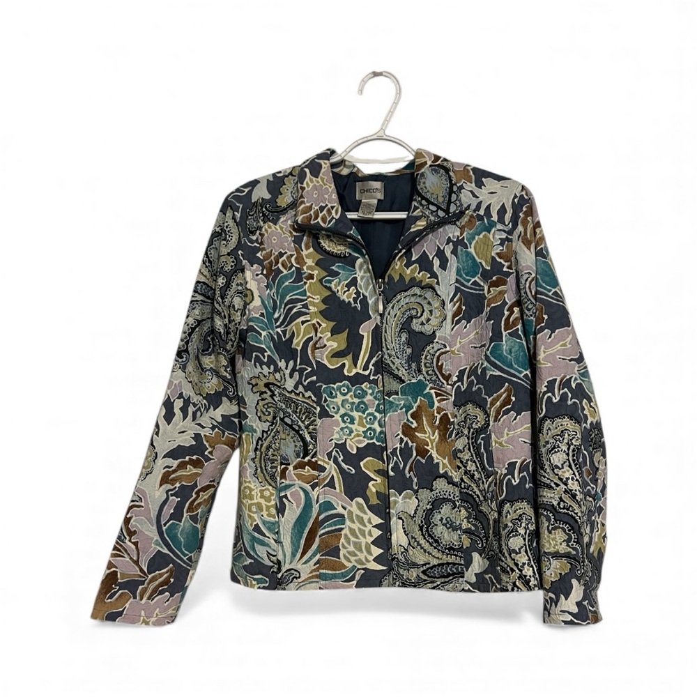 Chicos Womens Blue Paisley Floral Zip Front Cotton Tapestry Jacket Size 1 M
